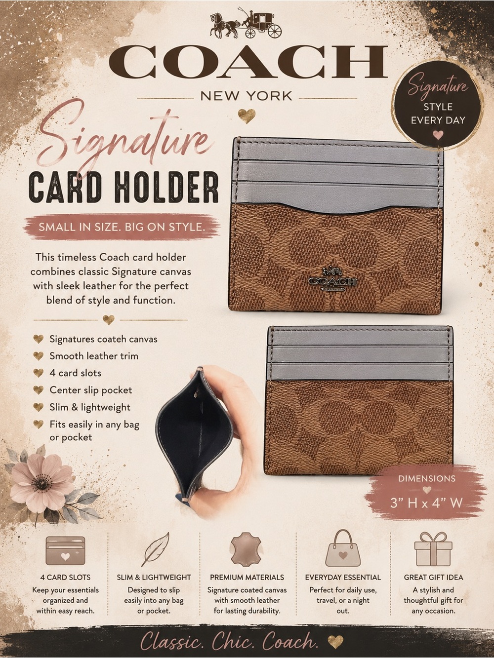 Coach Brown Signature Canvas Card Holder with Gray Leather